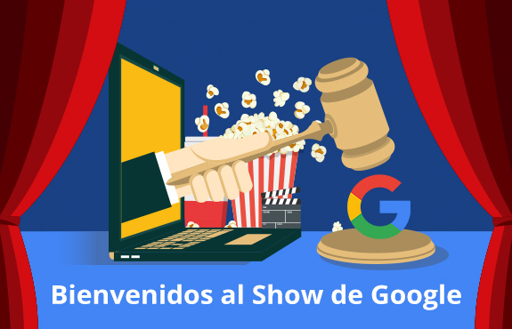 Laptop, Palomitas y Mazo de Justicia Sobre la G del Logo de Google
