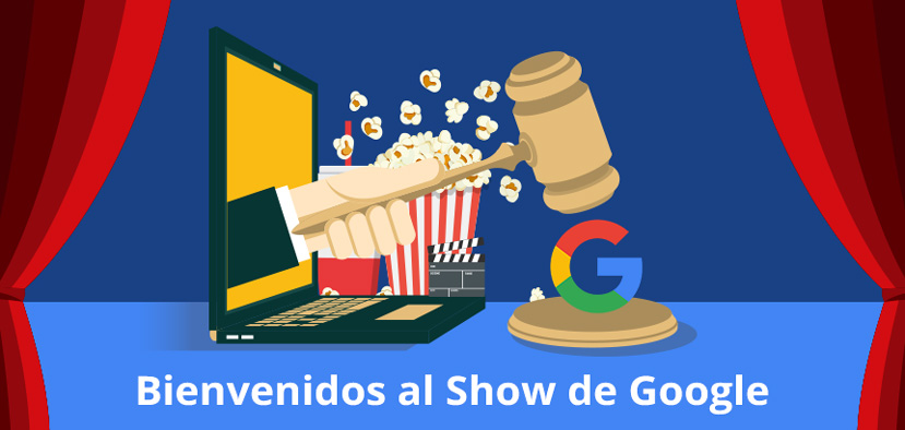 Laptop, Palomitas y Mazo de Justicia Sobre la G del Logo de Google