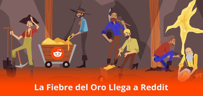 Trabajadores en Mina de Oro con Logo de Reddit en Carrito
