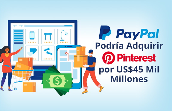 Caricatura de Tienda Ecommerce con Billetes de Dlar Representando la Adquisicin de Pinteres por PayPal