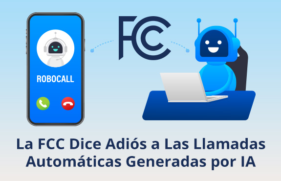 Logo de la FCC Impidiendo que Robot en Escritorio Alcance Teléfono que Dice Robocalls