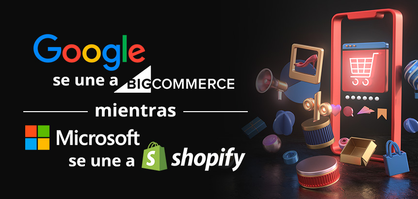 Telfono Celular con Iconografa Ecommerce Representando la Asociacin de Google con BigCommerce y Microsoft con Shopify